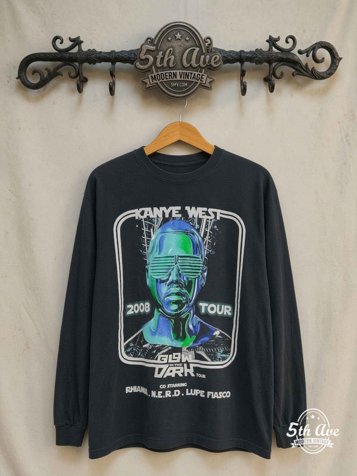 Kanye West – Glow in the Dark Tour 2008 – Vintage Band T-Shirt — front on locked cream ornate 5th Ave rack