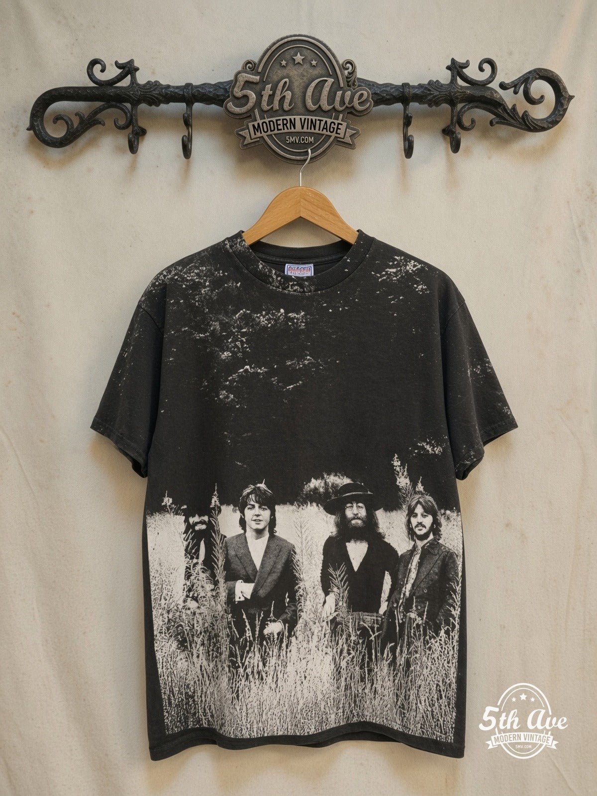 The Beatles – Field of Grass 1995 – All Over Print – Vintage Band T-Shirt — front on locked cream ornate 5th Ave rack