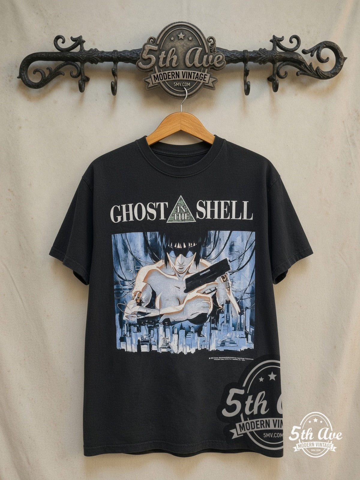 Ghost in the Shell – It Found a Voice – New Vintage Anime Tee — front on locked cream ornate 5th Ave rack
