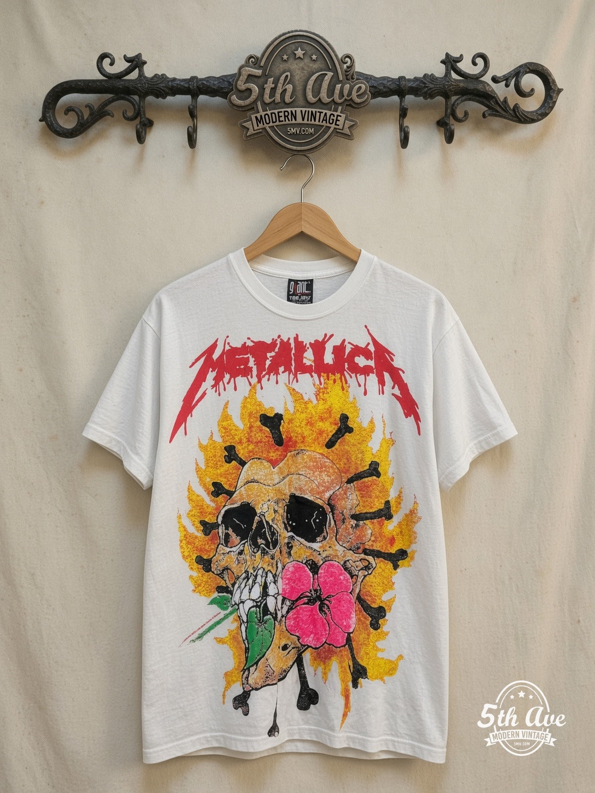 Metallica – Pushead Artwork – All Over Print – Vintage Band T-Shirt — front on locked cream ornate 5th Ave rack