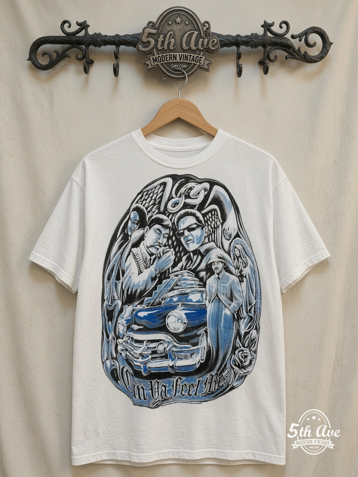 Rollin Hard – Can Ya Feel Me? Lowrider – Vintage Graphic Tee — front on locked cream ornate 5th Ave rack