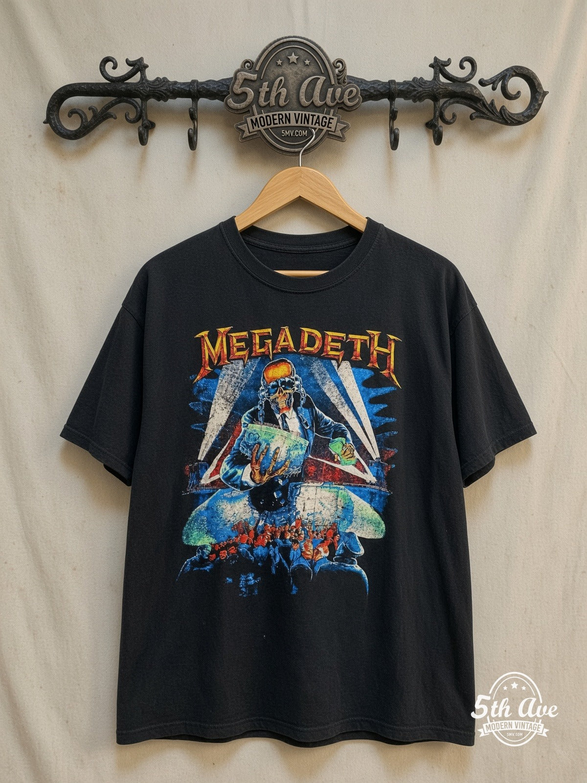Megadeth – Rust in Peace Vic Searchlights Tracklist – Vintage Band T-Shirt — front on locked cream ornate 5th Ave rack