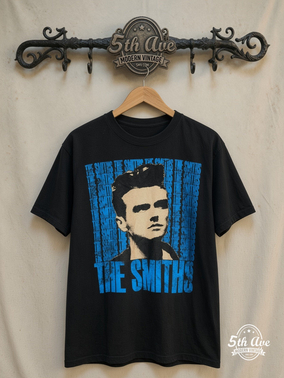 The Smiths – Vintage Wallpaper – Vintage Band T-Shirt — front on locked cream ornate 5th Ave rack