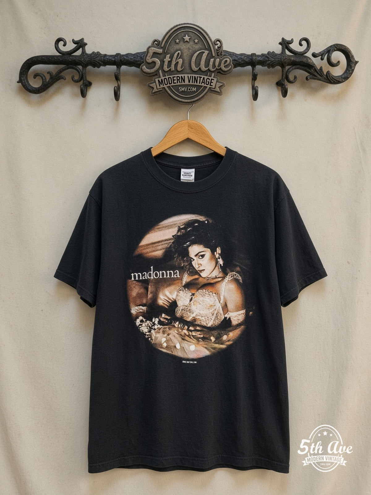 Madonna – The Virgin Tour' 1985 – Vintage Band T-Shirt — front on locked cream ornate 5th Ave rack