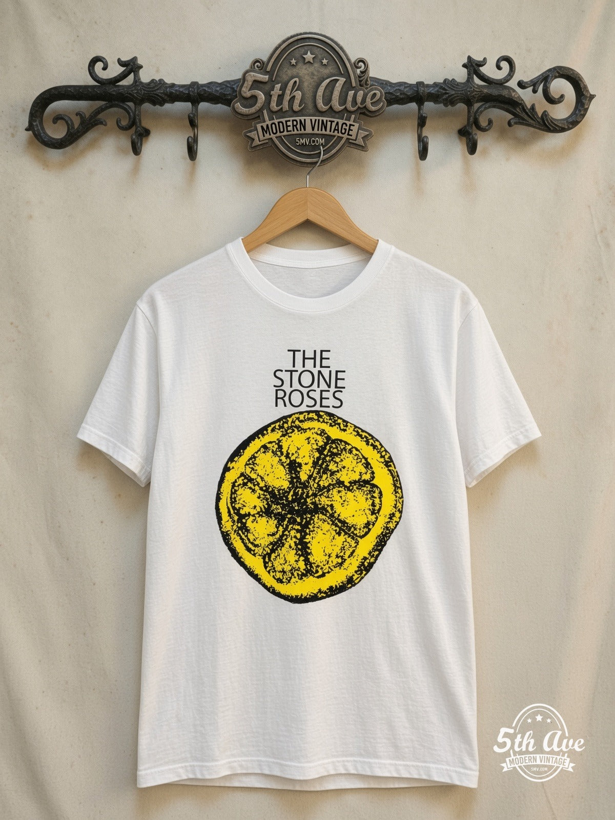 The Stone Roses – Vintage Band T-Shirt — front on locked cream ornate 5th Ave rack