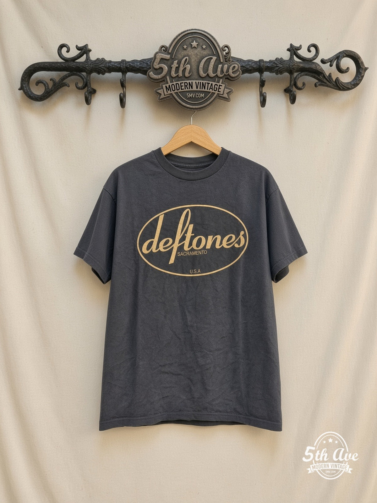 Deftones – Sacramento USA – Vintage Band T-Shirt — front on locked cream ornate 5th Ave rack