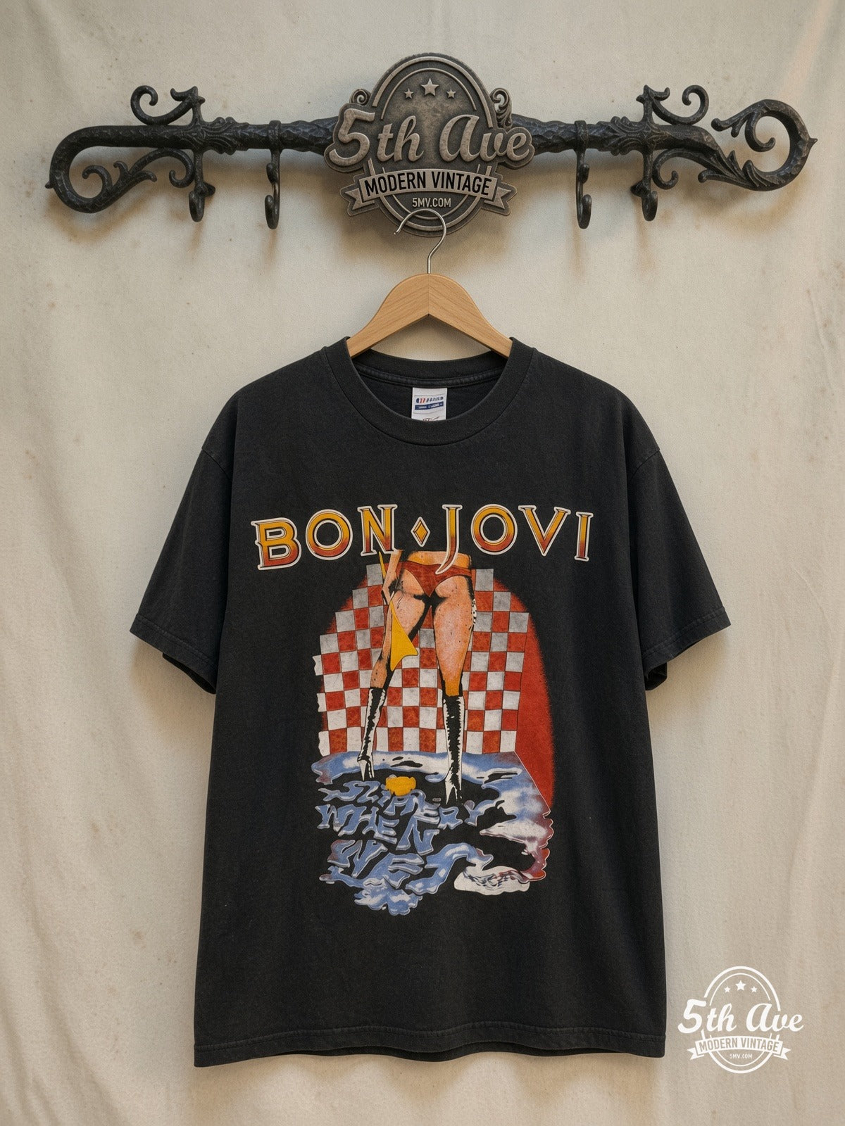 Bon Jovi – Slippery When Wet / Let It Rock 1986 – Vintage Band T-Shirt — front on locked cream ornate 5th Ave rack