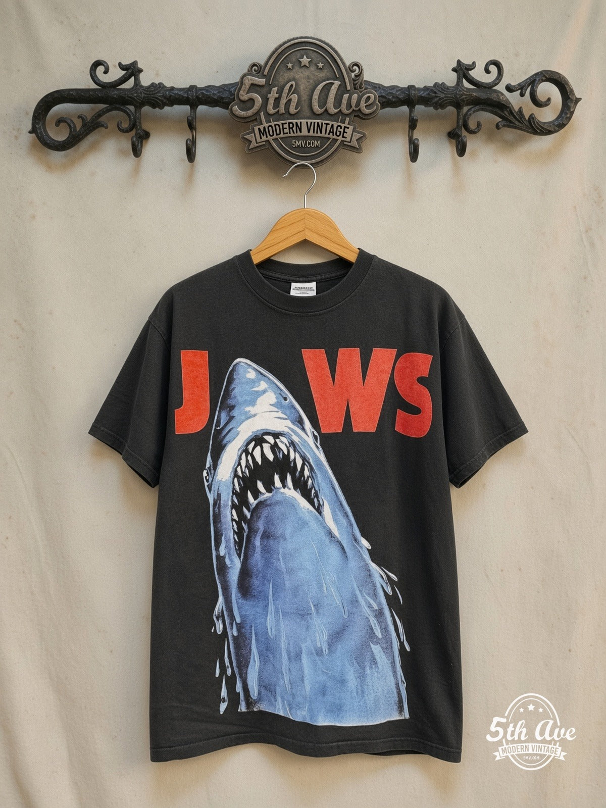 Jaws Attacking Summer 1993 - Vintage Reprint Movie T-Shirt — front on locked cream ornate 5th Ave rack