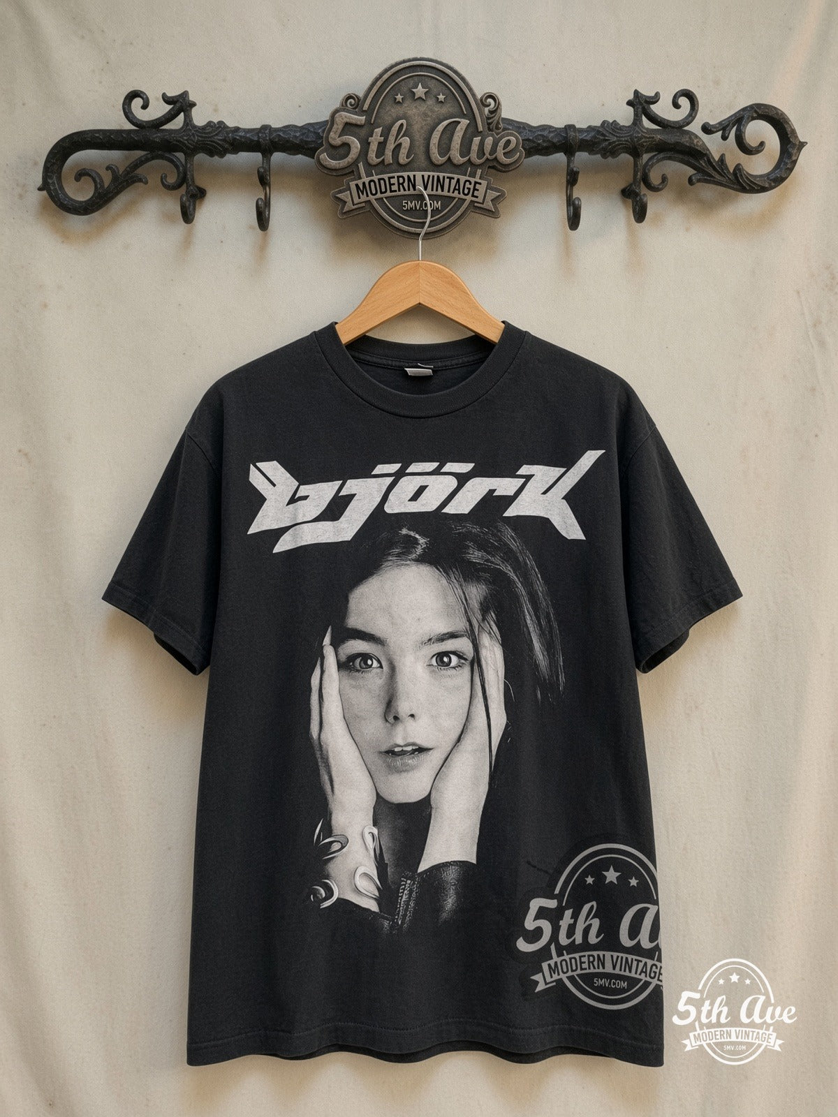 Björk – Photo Monochrome – Vintage Band T-Shirt — front on locked cream ornate 5th Ave rack
