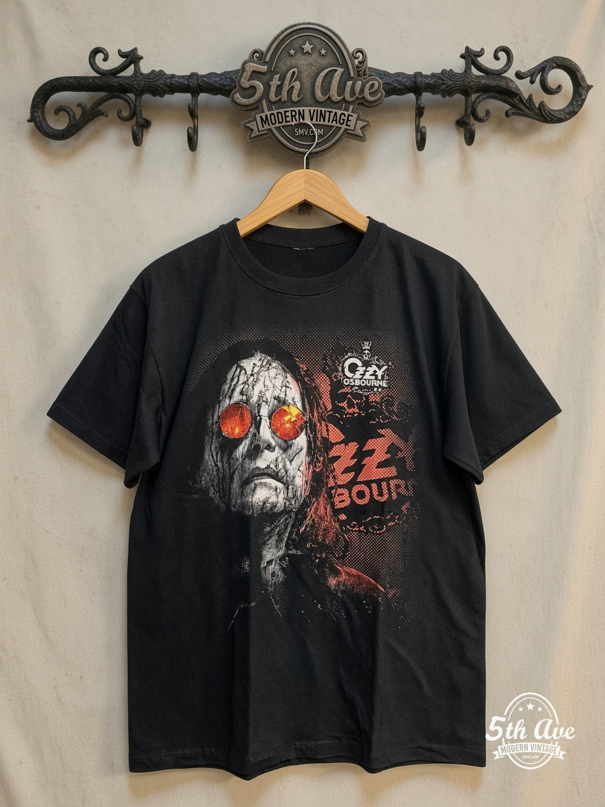 Ozzy Osbourne – Red Sunglasses Cracked Portrait – Vintage Band T-Shirt — front on locked cream ornate 5th Ave rack