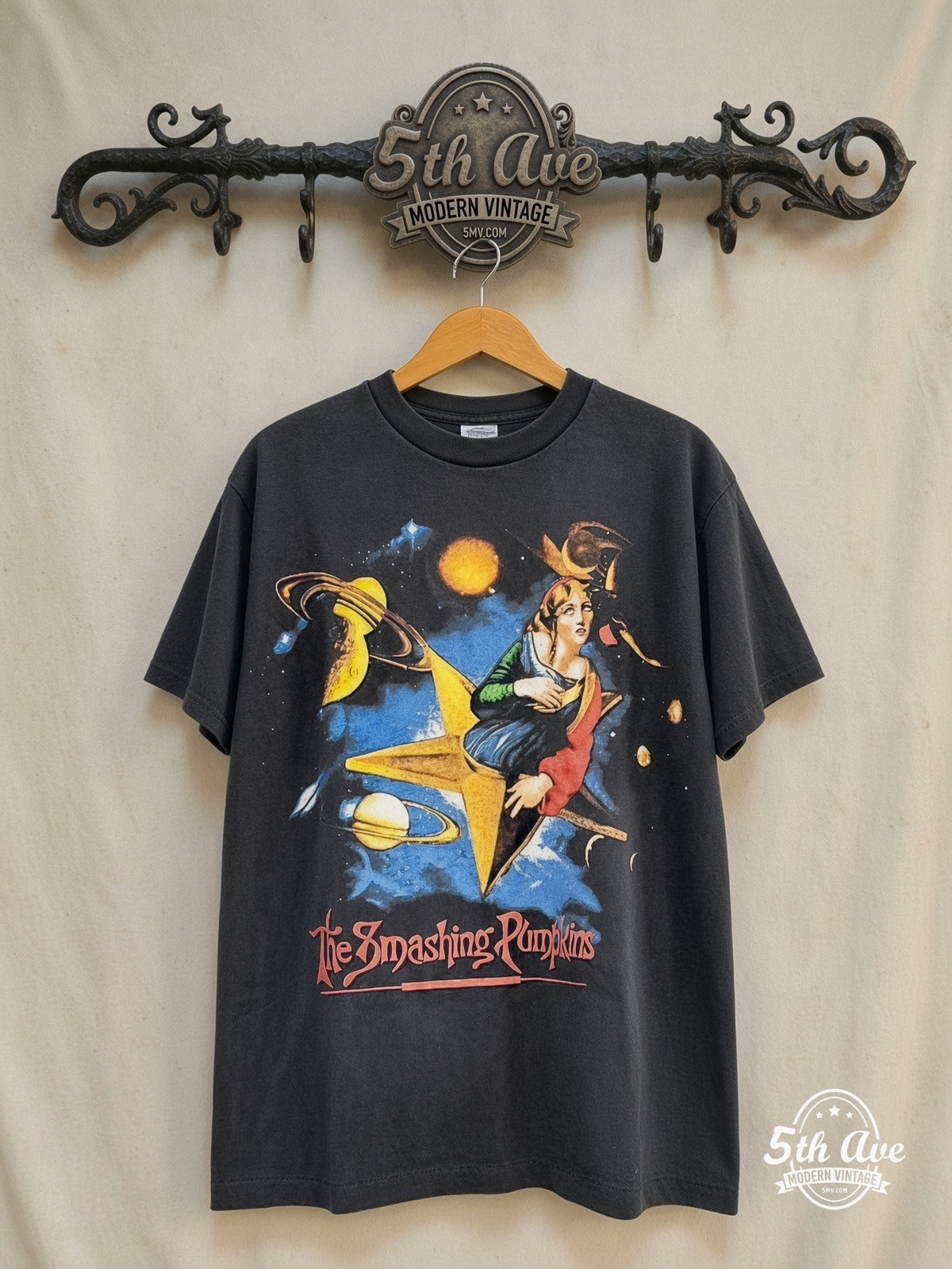 The Smashing Pumpkins – Mellon Collie Zero Star Back – Vintage Band T-Shirt — front on locked cream ornate 5th Ave rack