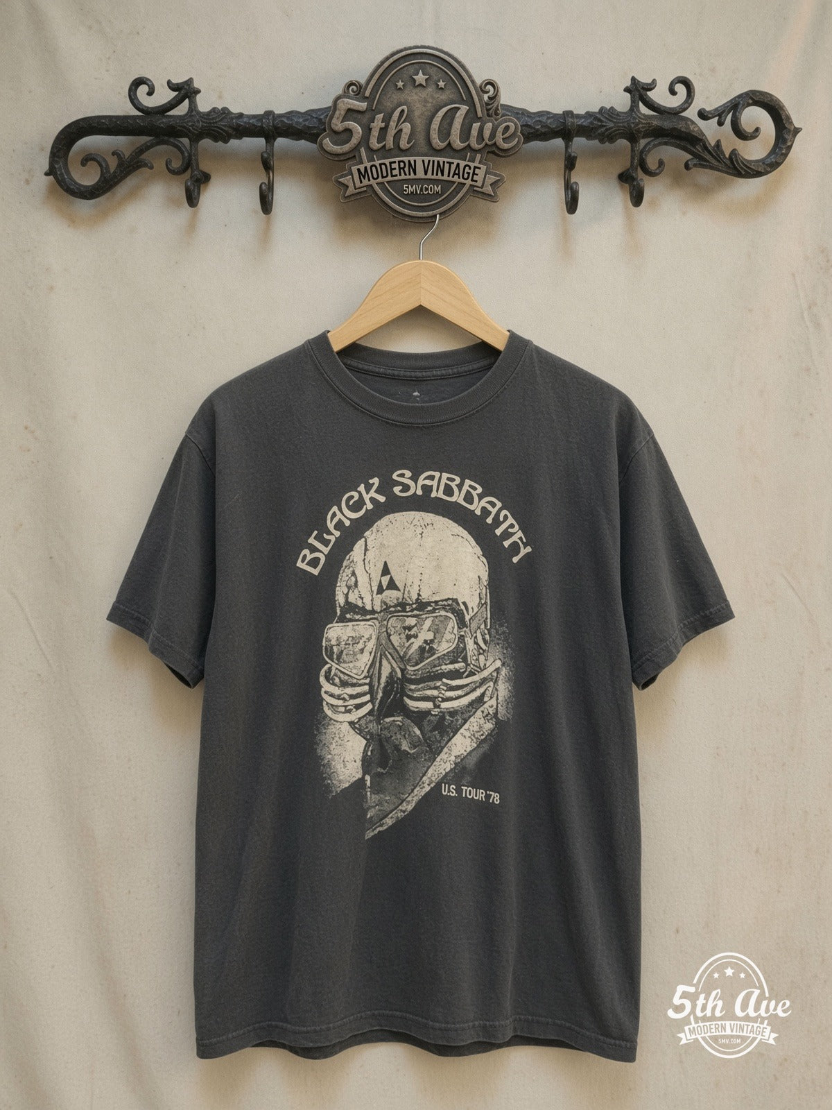 Vintage Vibes: The Black Sabbath U.S. Tour '78 Single Stitch Short Sle – eve Crew Neck t shirt – Vintage Band T-Shirt — front on locked cream ornate 5th Ave rack
