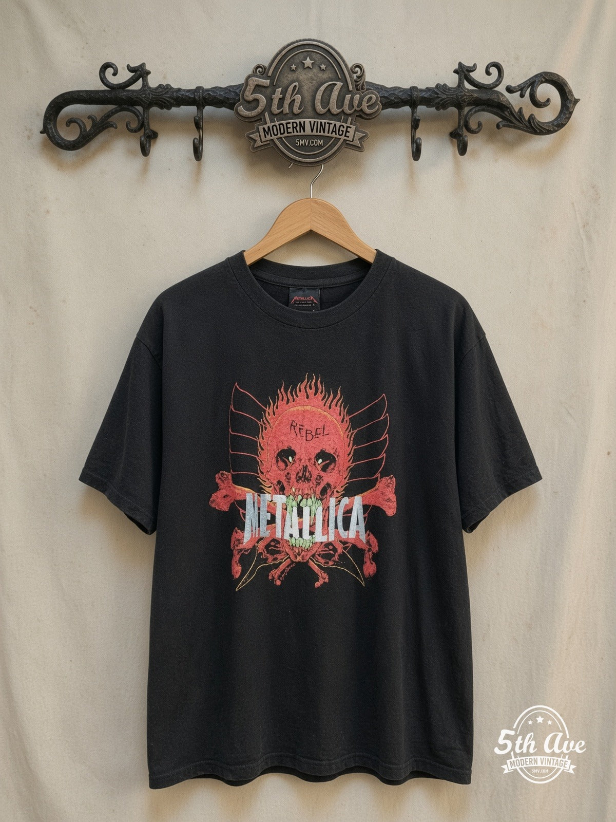 Metallica – Rebel Pushead Artwork – Vintage Band T-Shirt — front on locked cream ornate 5th Ave rack
