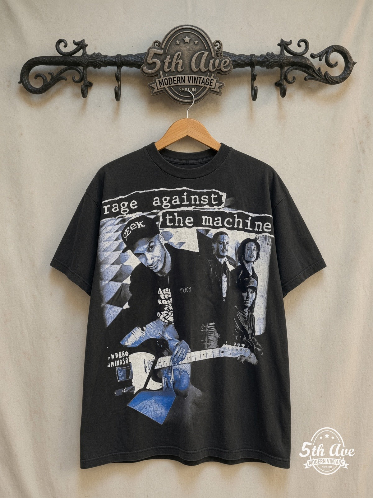 Rage Against the Machine – Bombtrack Red Blue – All Over Print – Vintage Band T-Shirt — front on locked cream ornate 5th Ave rack