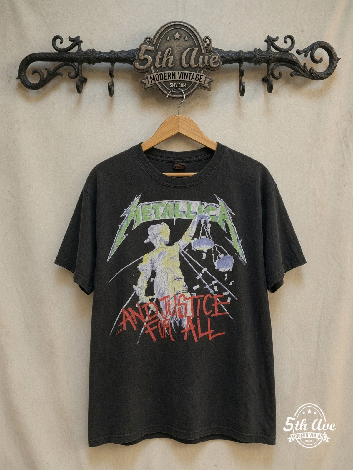Metallica – And Justice for All Hammer of Justice – Vintage Band T-Shirt — front on locked cream ornate 5th Ave rack