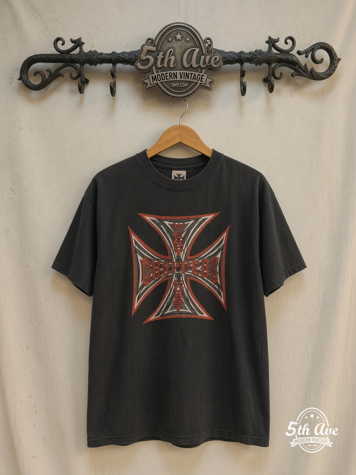 West Coast Choppers – Iron Cross Long Sleeve – Vintage Band T-Shirt — front on locked cream ornate 5th Ave rack