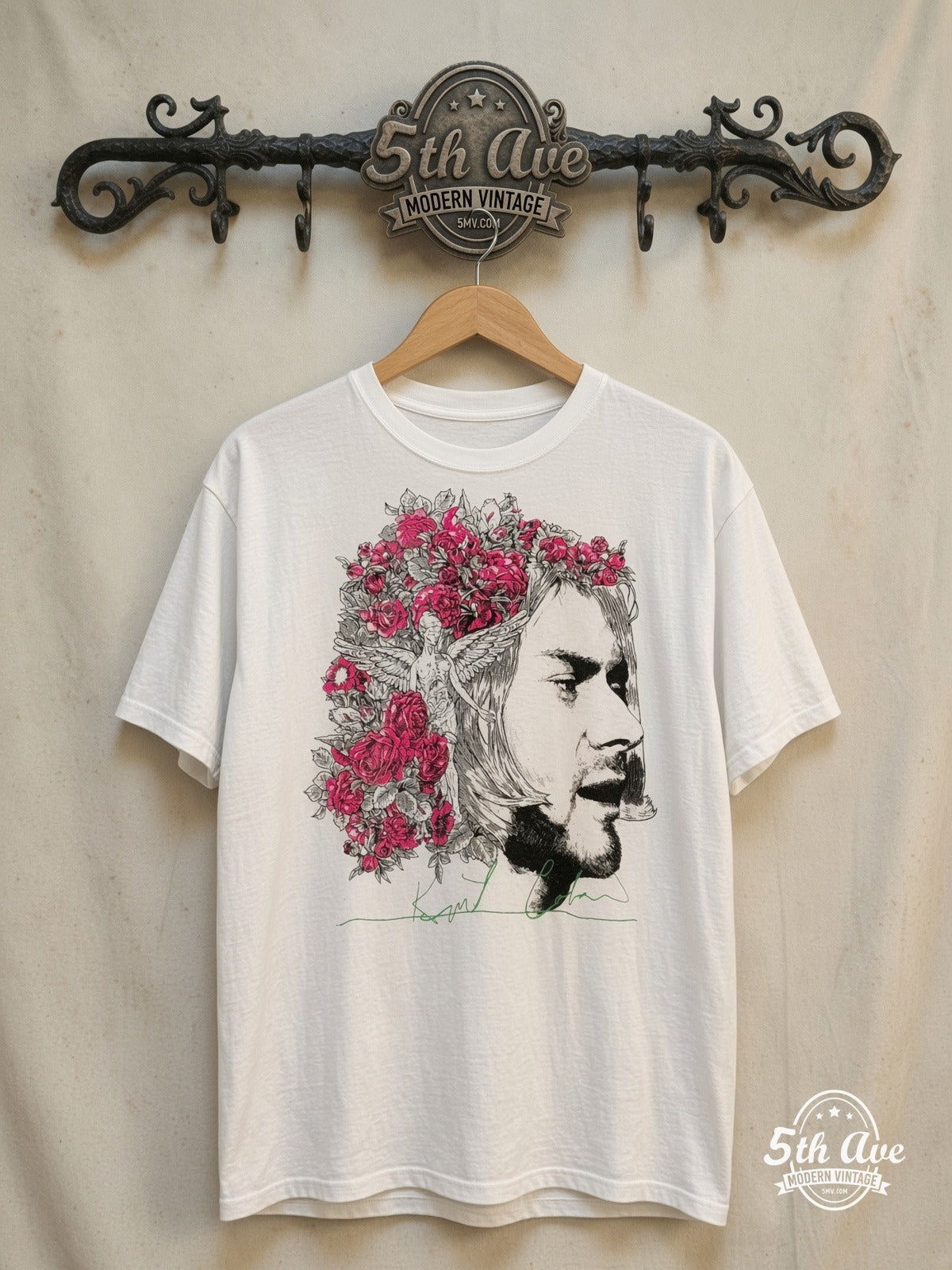 Kurt Cobain – Iconic Quote – Vintage Band T-Shirt — front on locked cream ornate 5th Ave rack