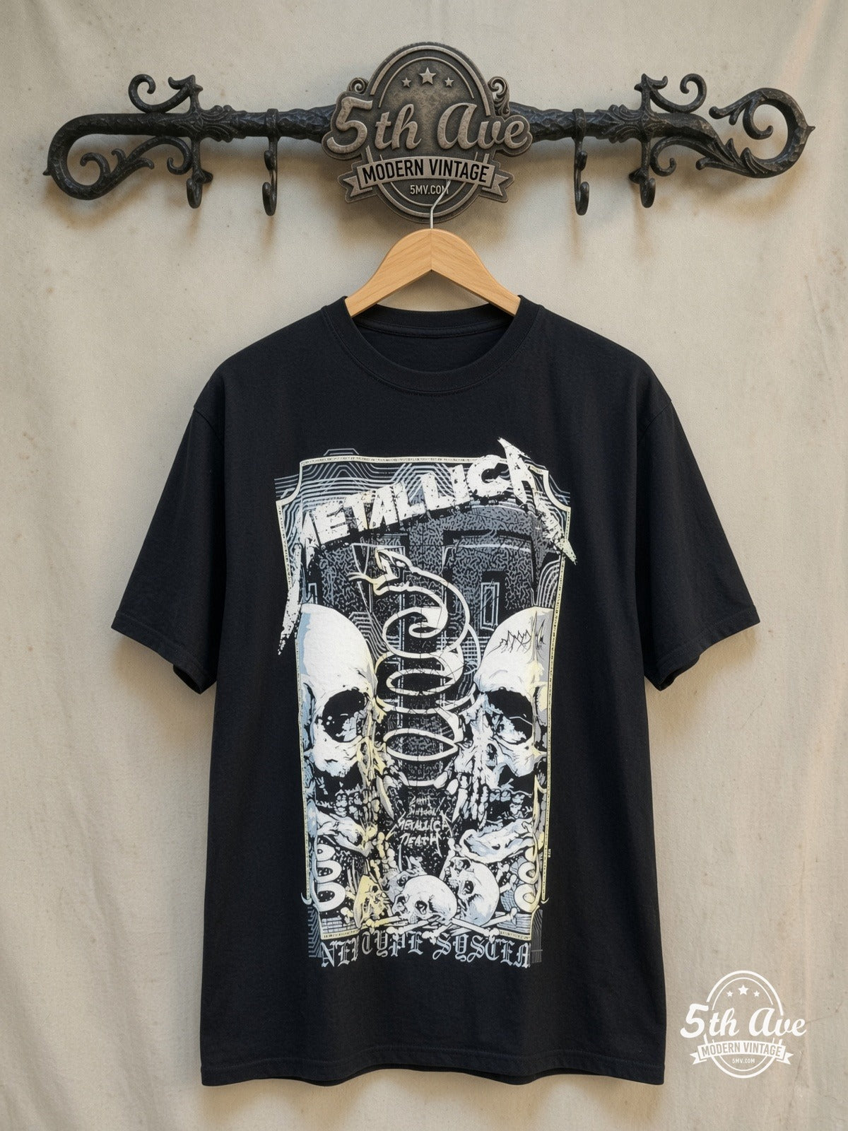 Metallica – Birth School Twin Skulls Snake Banner – Vintage Band T-Shirt — front on locked cream ornate 5th Ave rack