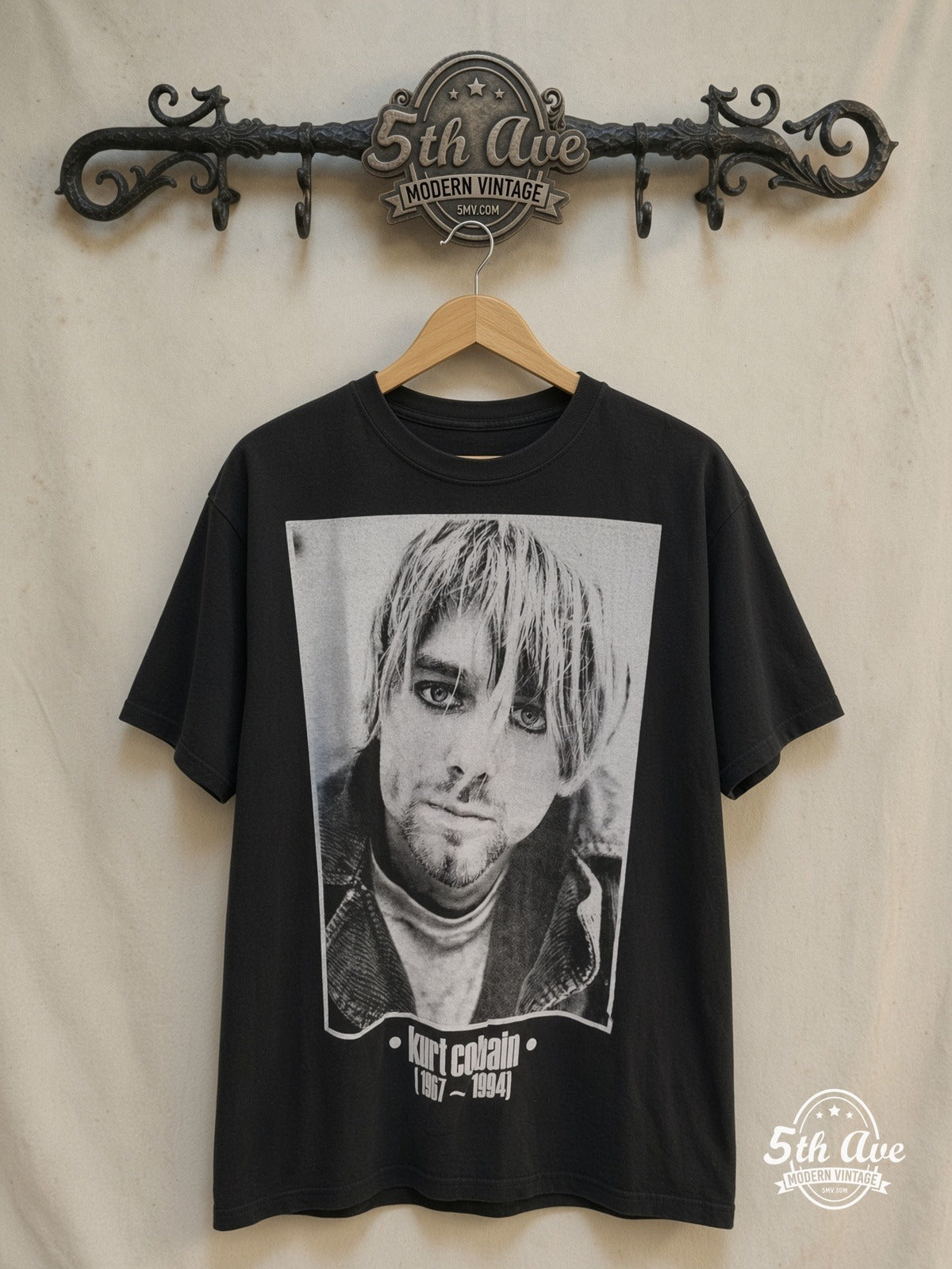 Kurt Cobain – Memorial – Vintage Band T-Shirt — front on locked cream ornate 5th Ave rack