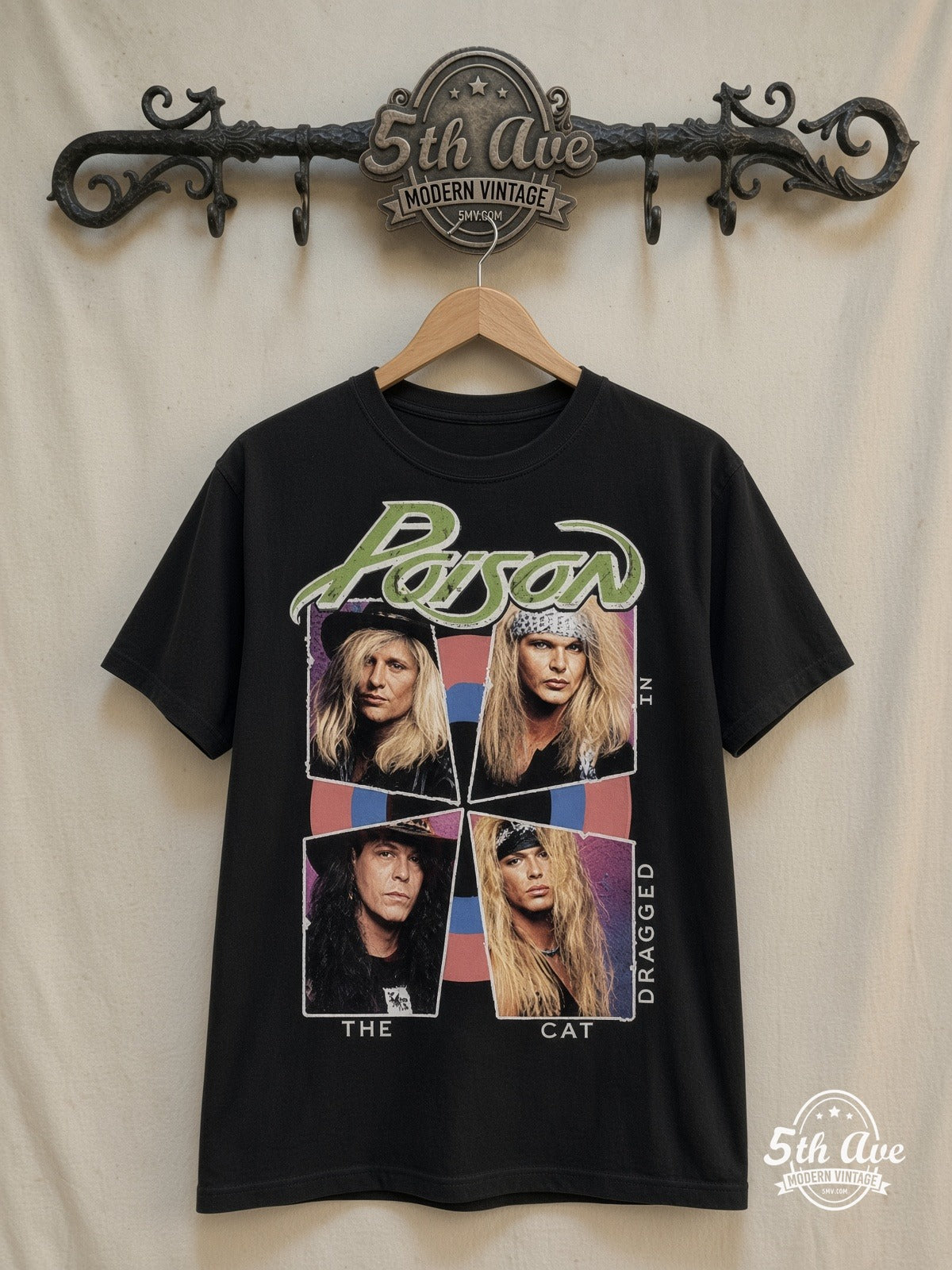 Poison – Look What the Cat Dragged In – Vintage Band T-Shirt — front on locked cream ornate 5th Ave rack