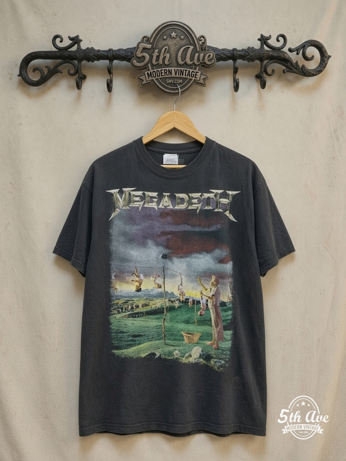 Megadeth – Youthanasia Tour 1995 – Vintage Band T-Shirt — front on locked cream ornate 5th Ave rack