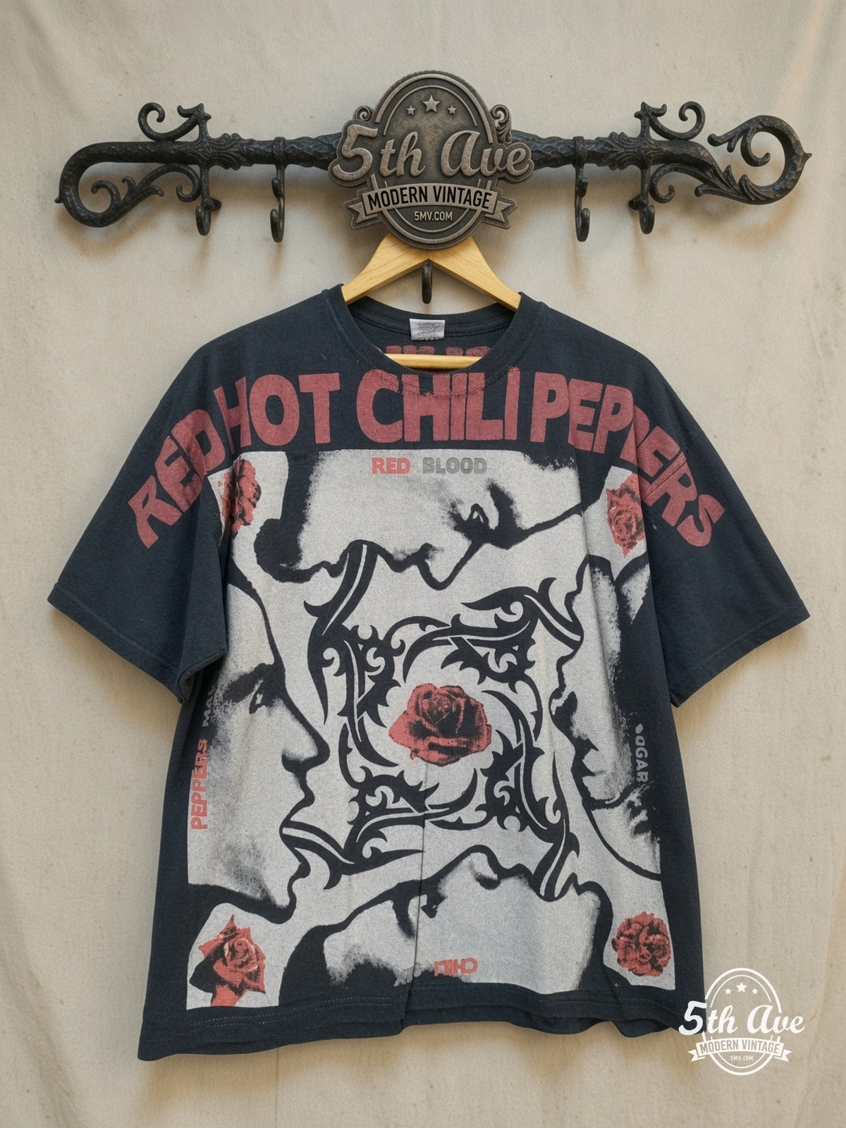 Red Hot Chili Peppers – All-Over Print Graphic – Vintage Band T-Shirt — front on locked cream ornate 5th Ave rack