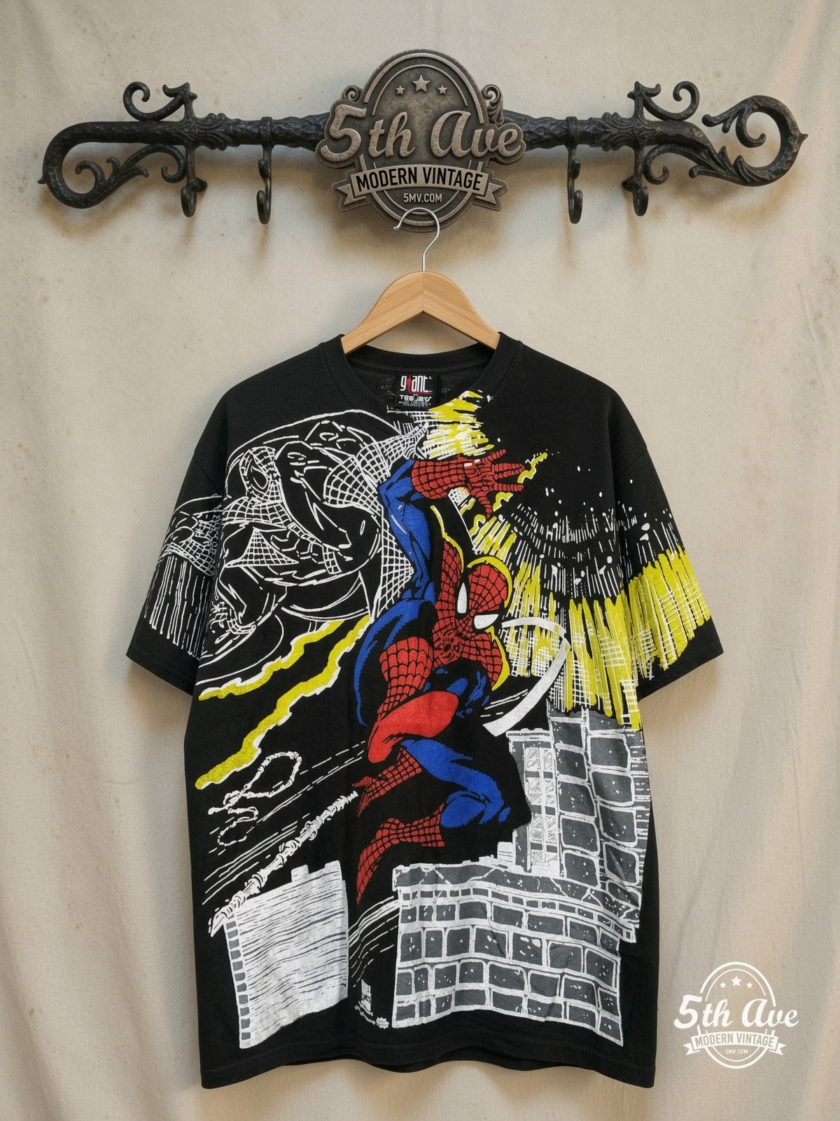 Marvel – Spider-Man – All Over Print – Vintage Graphic Tee — front on locked cream ornate 5th Ave rack