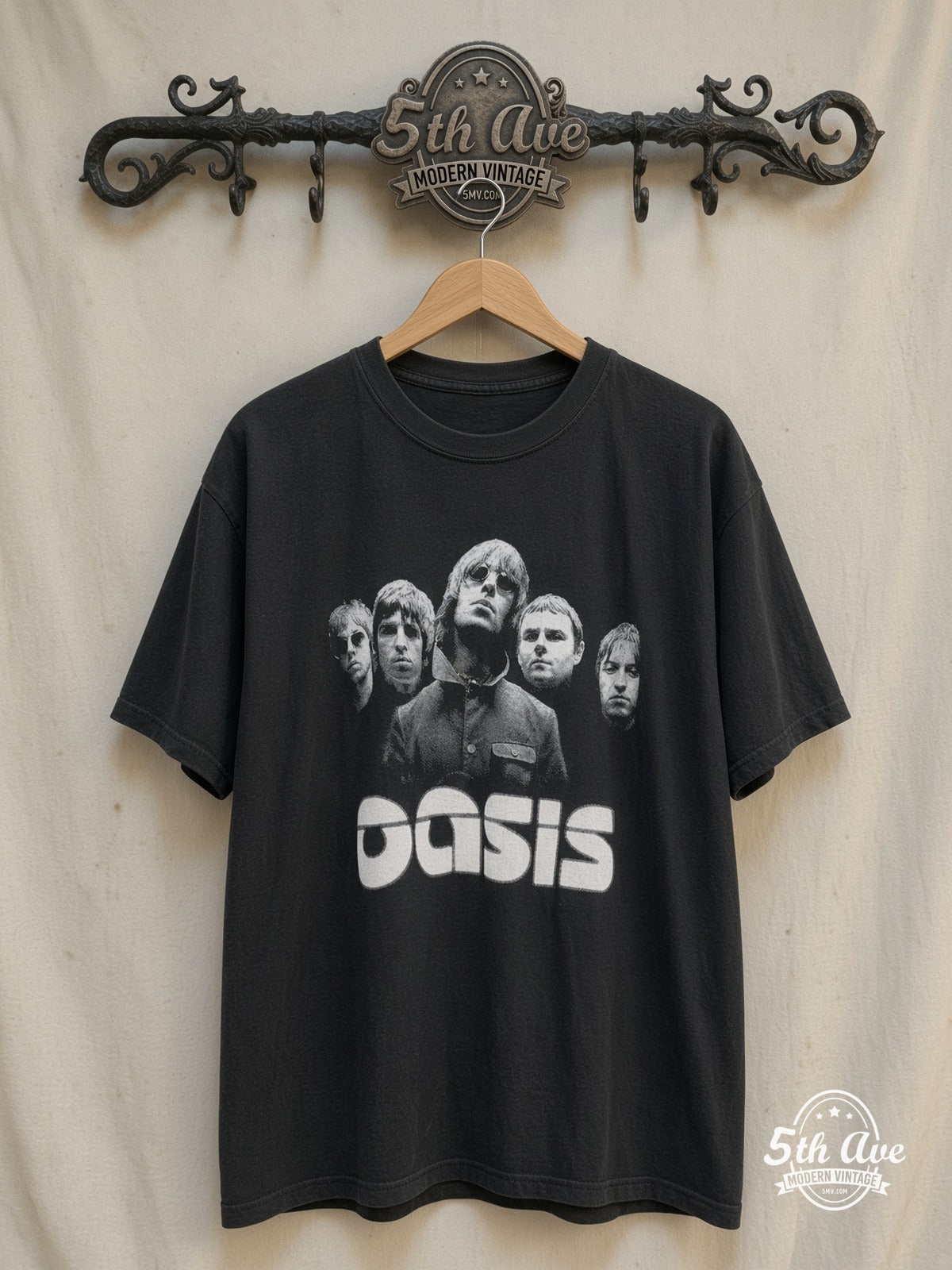 Oasis – Liam Sunglasses Band Portrait White Logo – Vintage Band T-Shirt — front on locked cream ornate 5th Ave rack