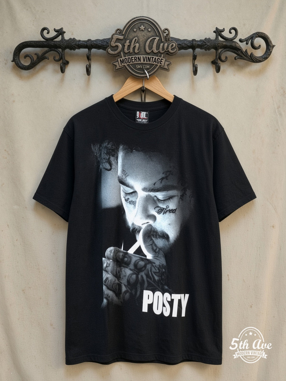 Post Malone – Stay – Vintage Graphic Tee — front on locked cream ornate 5th Ave rack