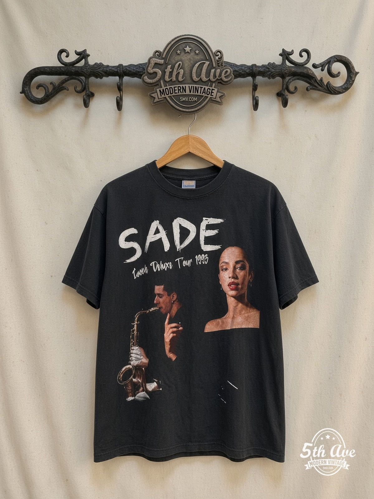 Sade – Love Deluxe Tour 1993 Long Sleeve – Vintage Band T-Shirt — front on locked cream ornate 5th Ave rack