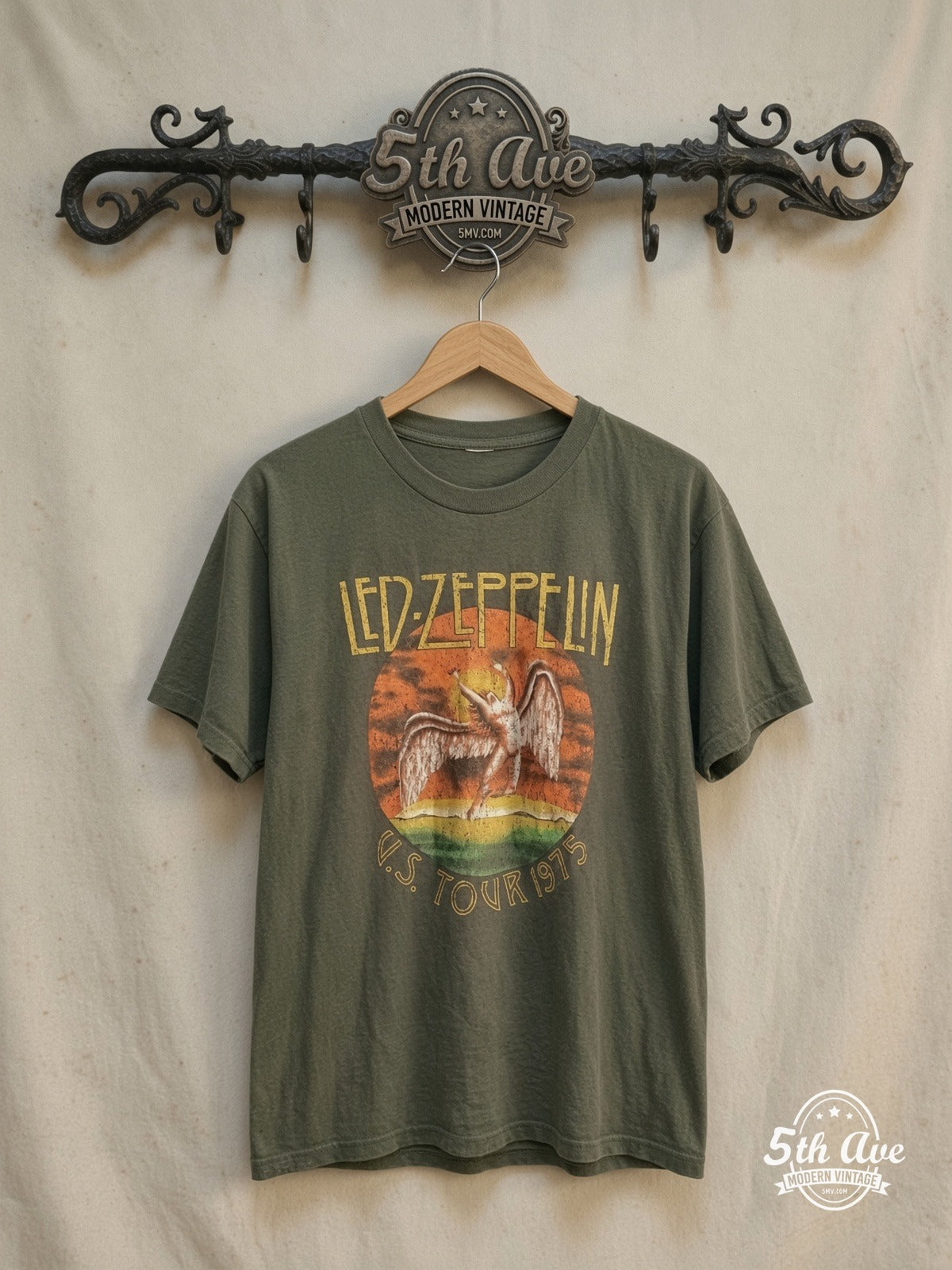 Led Zeppelin – US Tour 1975 – Vintage Band T-Shirt — front on locked cream ornate 5th Ave rack