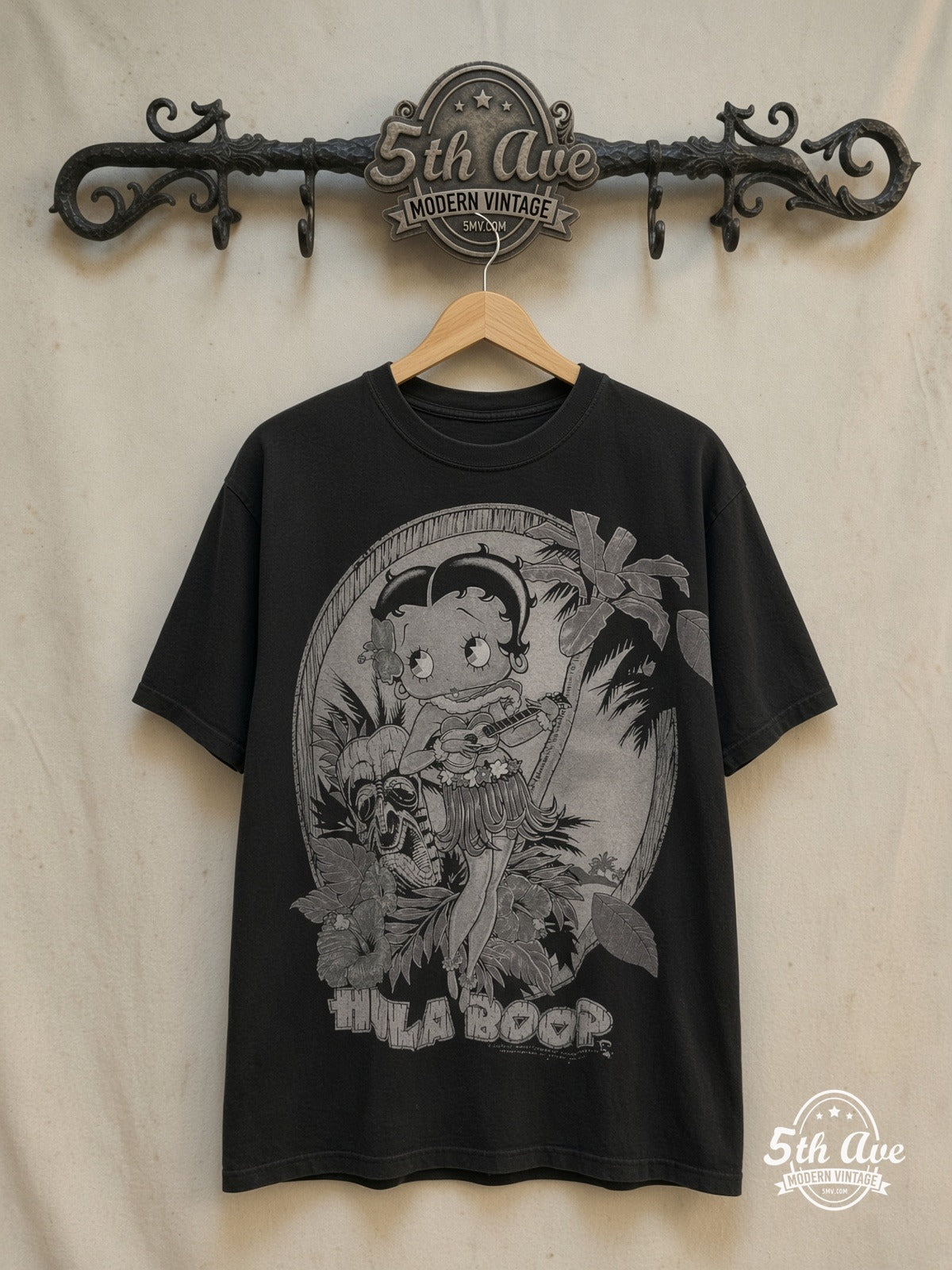Betty Boop Hula Boop Single Stitch T-Shirt — front on locked cream ornate 5th Ave rack
