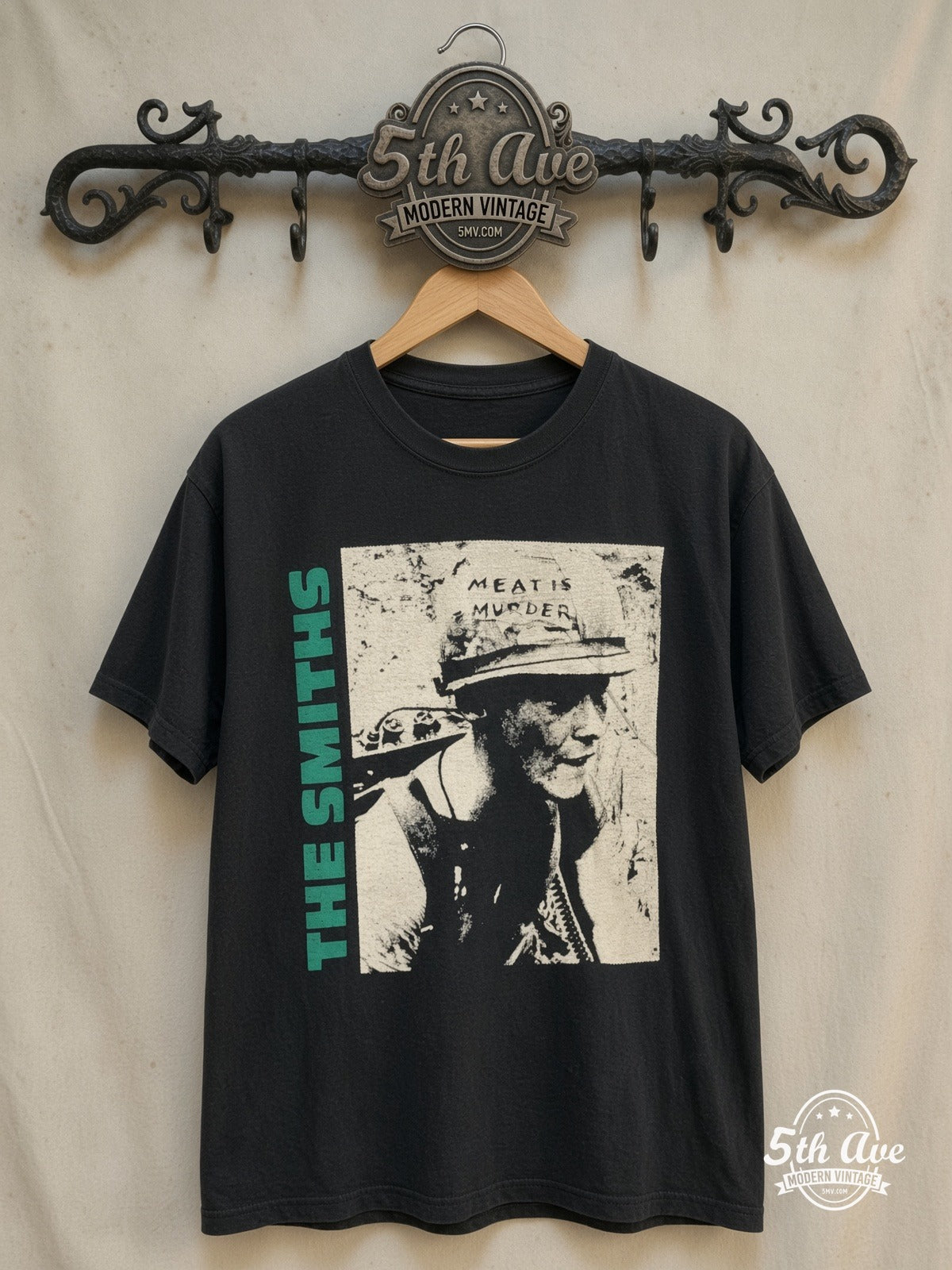 The Smiths – Meat Is Murder – Vintage Band T-Shirt — front on locked cream ornate 5th Ave rack