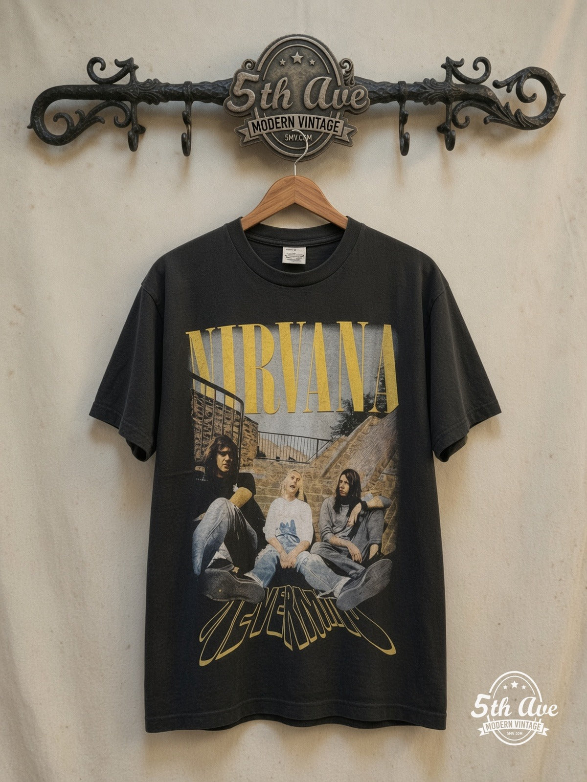 Vintage Nirvana Nevermind Band T-Shirt Black - Rare 90s Style — front on locked cream ornate 5th Ave rack