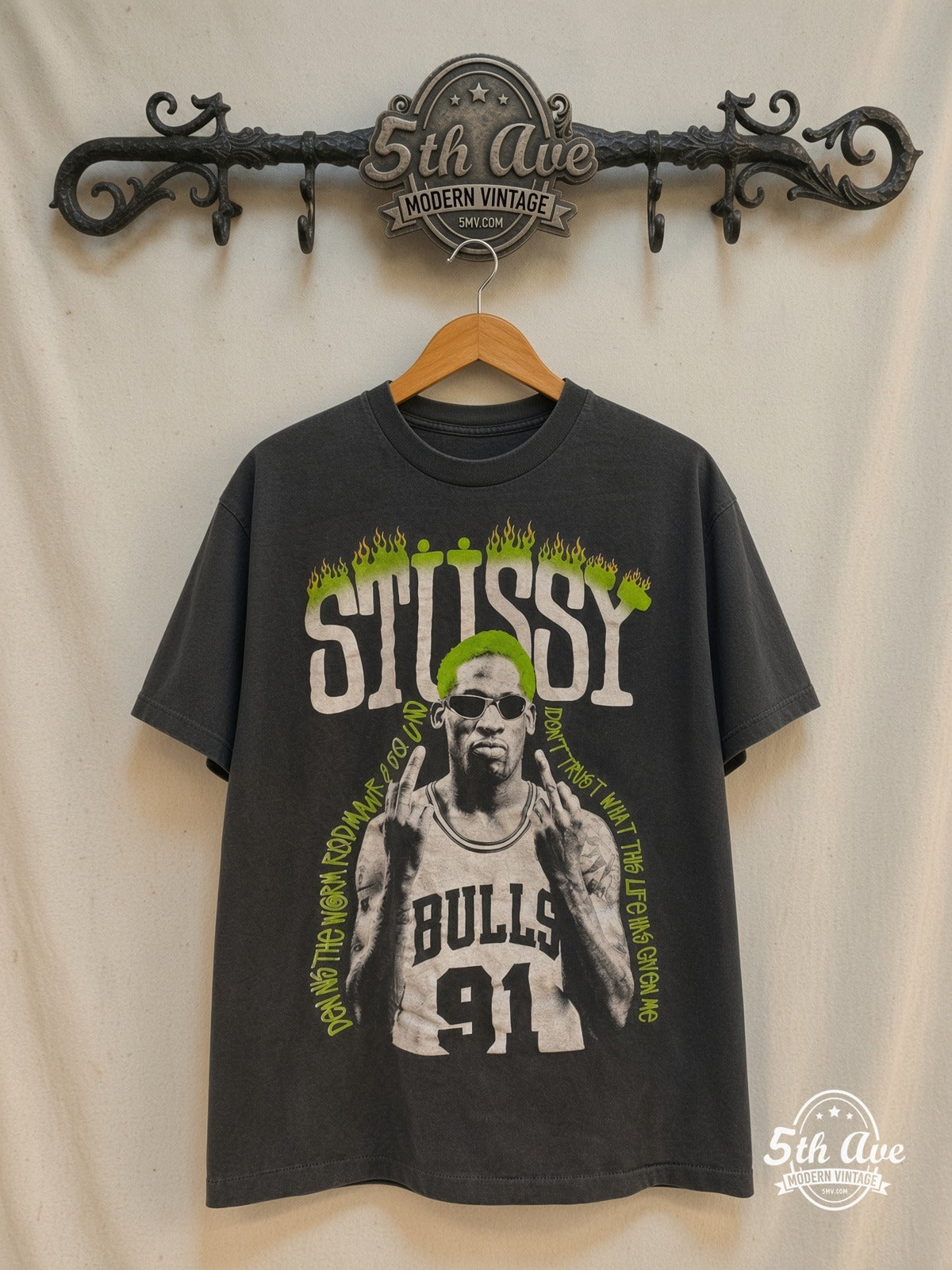 Dennis Rodman x Stüssy – Neon Green The Worm – Vintage Band T-Shirt — front on locked cream ornate 5th Ave rack