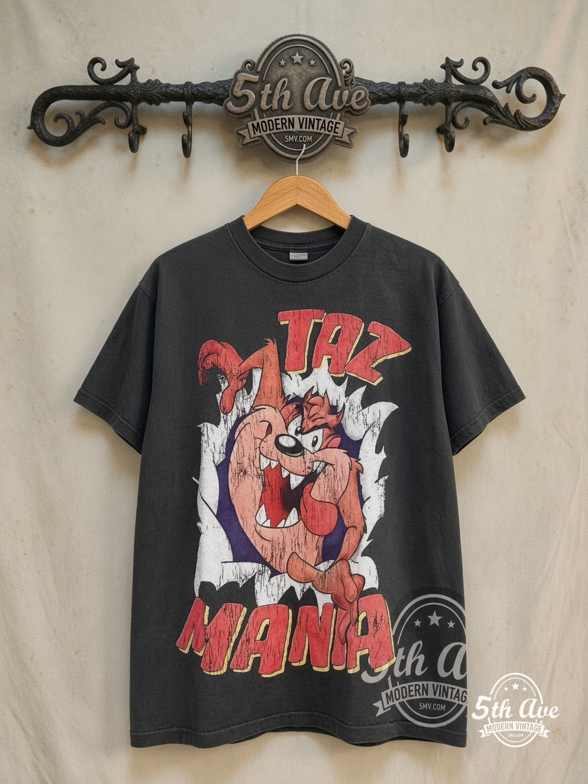 Looney Tunes – Taz-Mania Back Off – New Vintage Graphic Tee — front on locked cream ornate 5th Ave rack