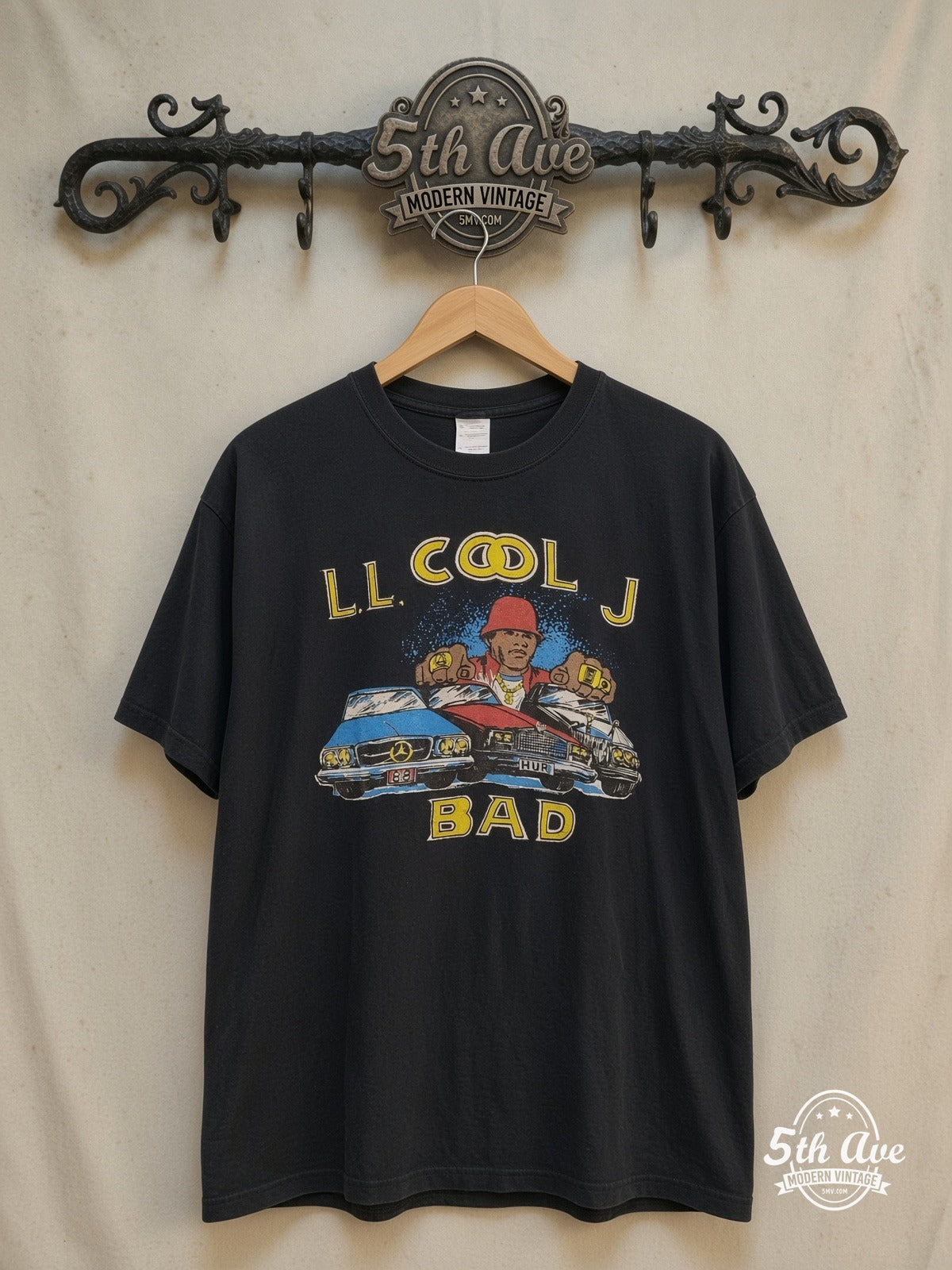 LL Cool J – Vintage Band T-Shirt — front on locked cream ornate 5th Ave rack