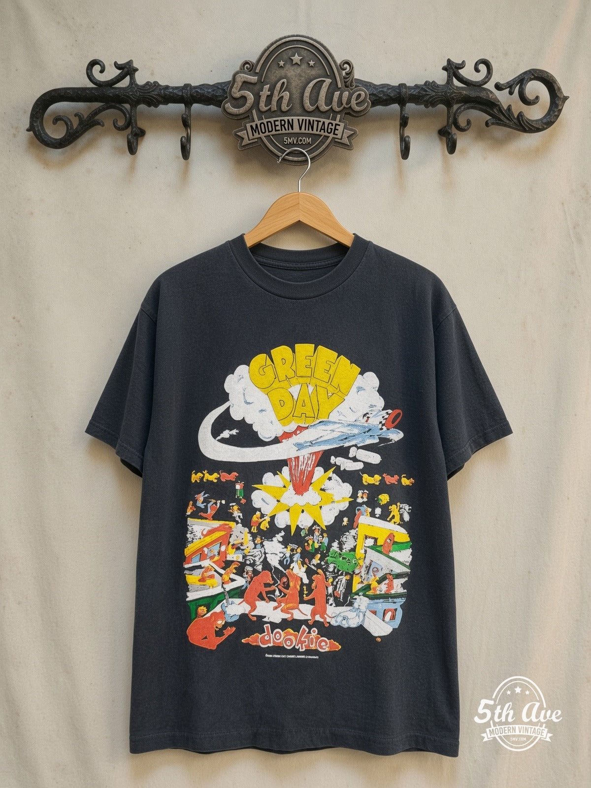 Green Day – Dookie Tour 1994 – Vintage Band T-Shirt — front on locked cream ornate 5th Ave rack