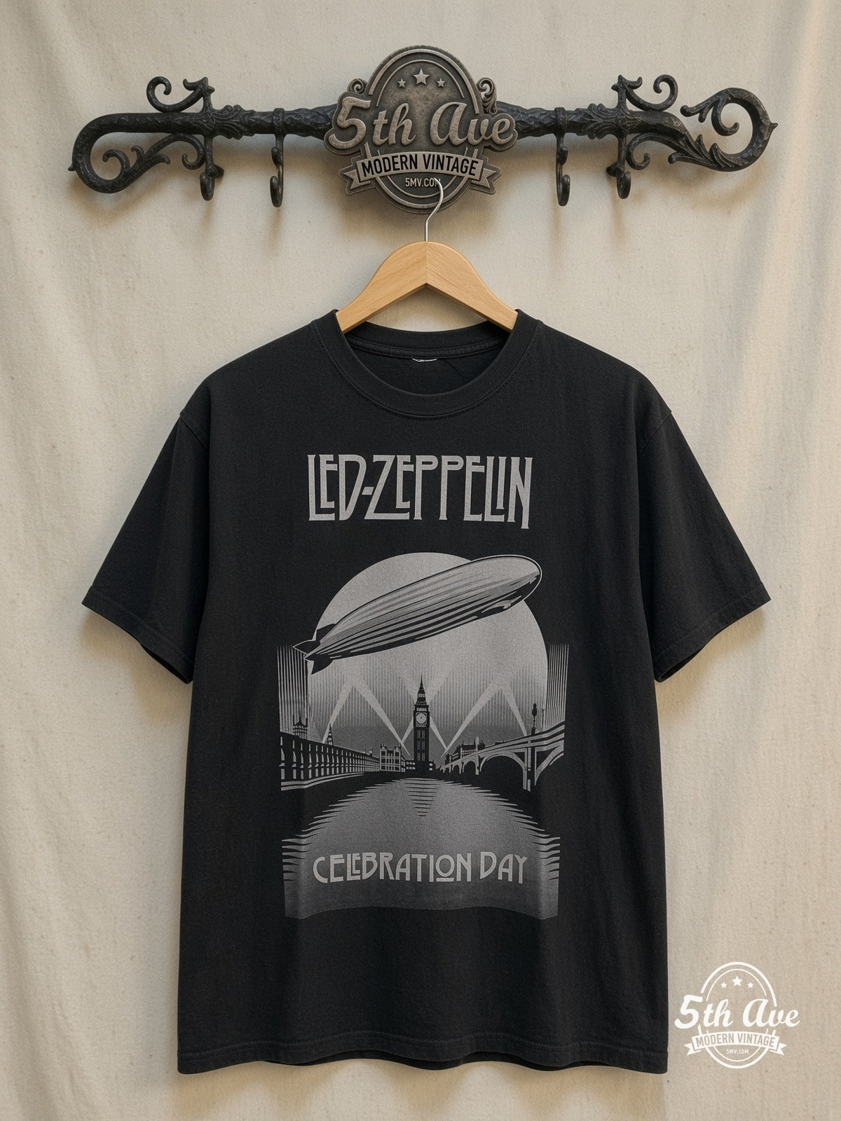 Led Zeppelin – Celebration Day – Vintage Band T-Shirt — front on locked cream ornate 5th Ave rack