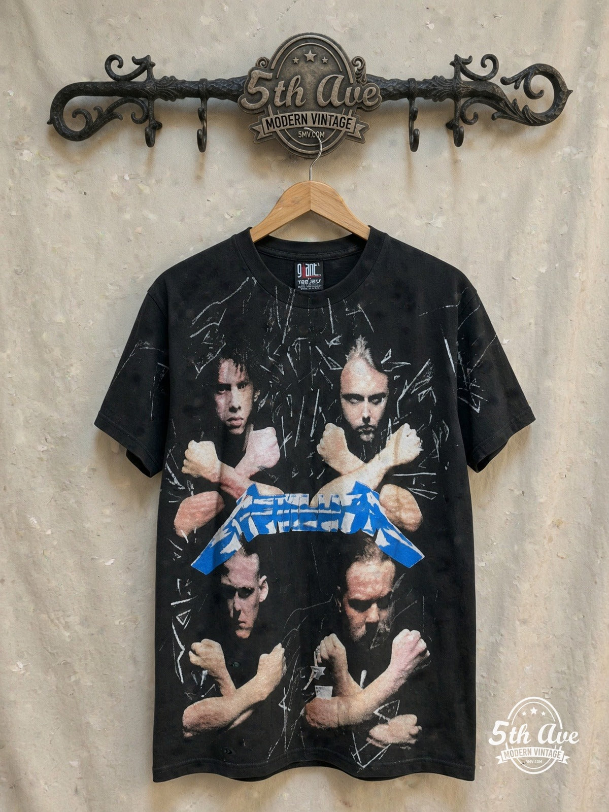 Metallica – Unleash the Metal – All Over Print – Vintage Band T-Shirt — front on locked cream ornate 5th Ave rack