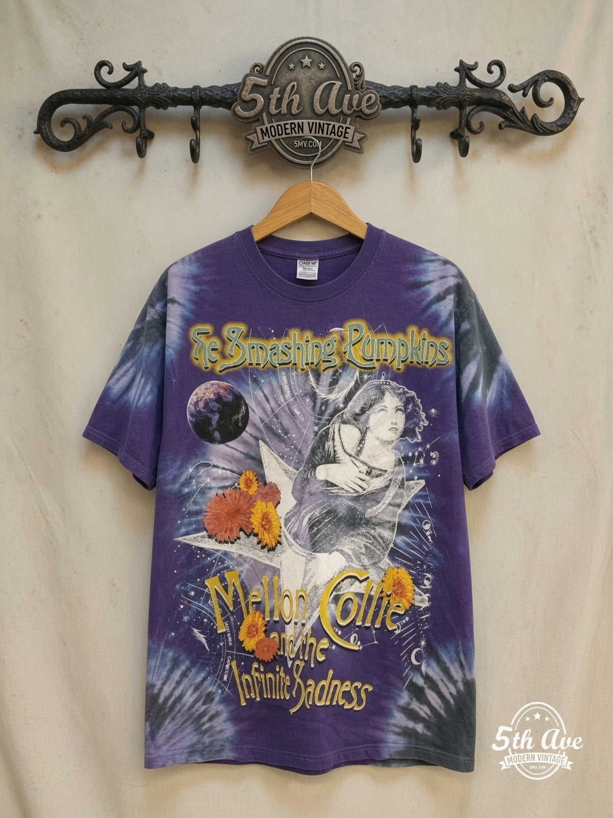Smashing Pumpkins The Infinite Sadness Tour Tie Dye Single Stitch T-Shirt — front on locked cream ornate 5th Ave rack