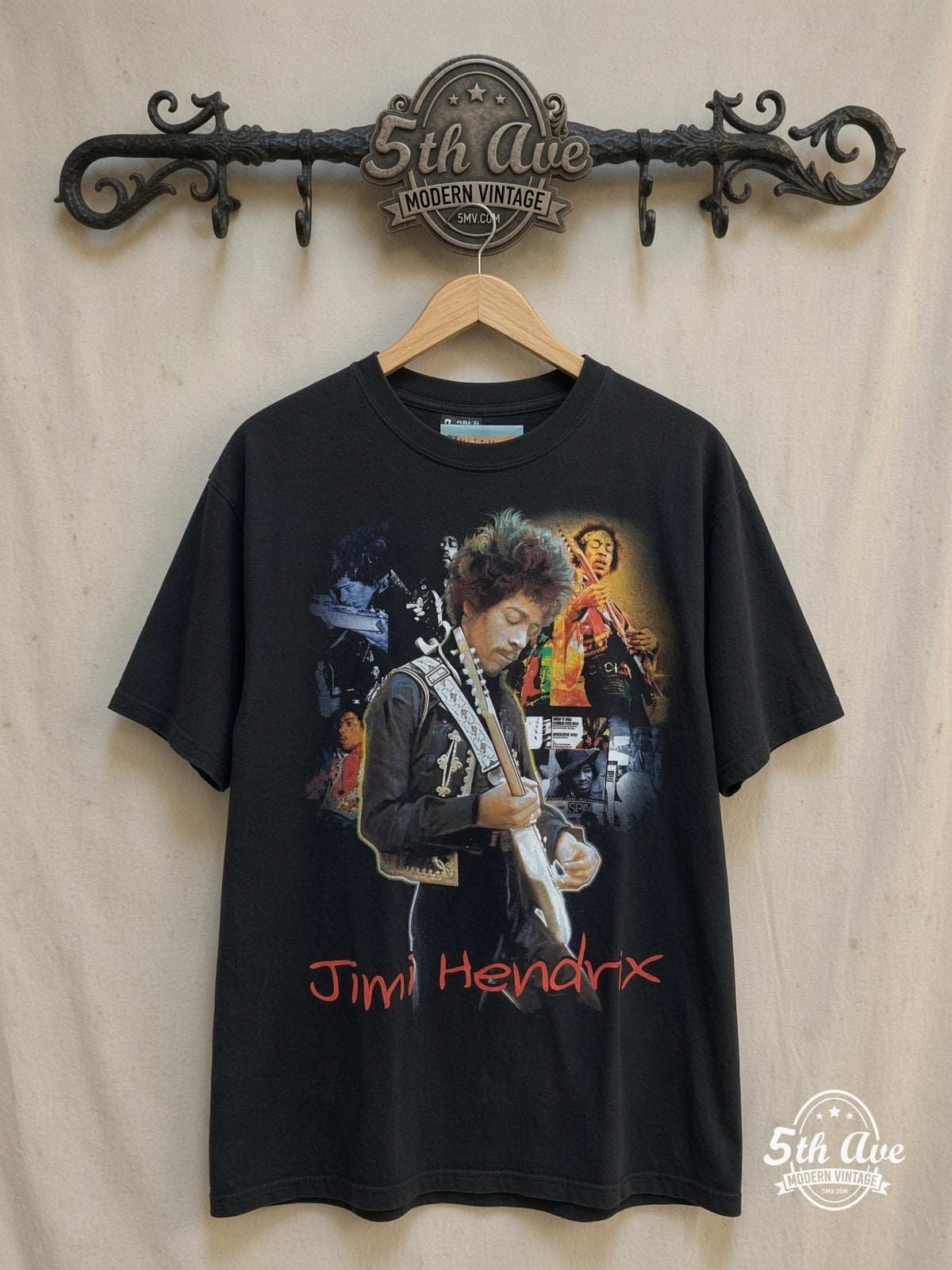 Jimi Hendrix – Multi Photo Collage Red Script – Vintage Band T-Shirt — front on locked cream ornate 5th Ave rack