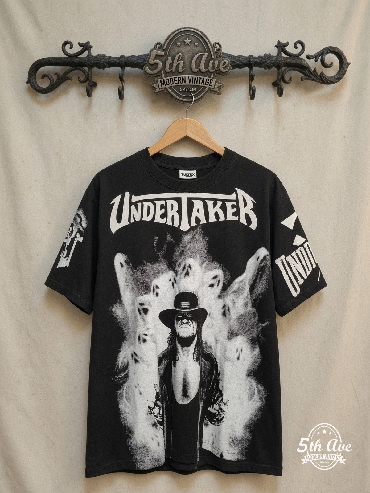 The Undertaker – Wrestling Tribute – Vintage Graphic Tee — front on locked cream ornate 5th Ave rack