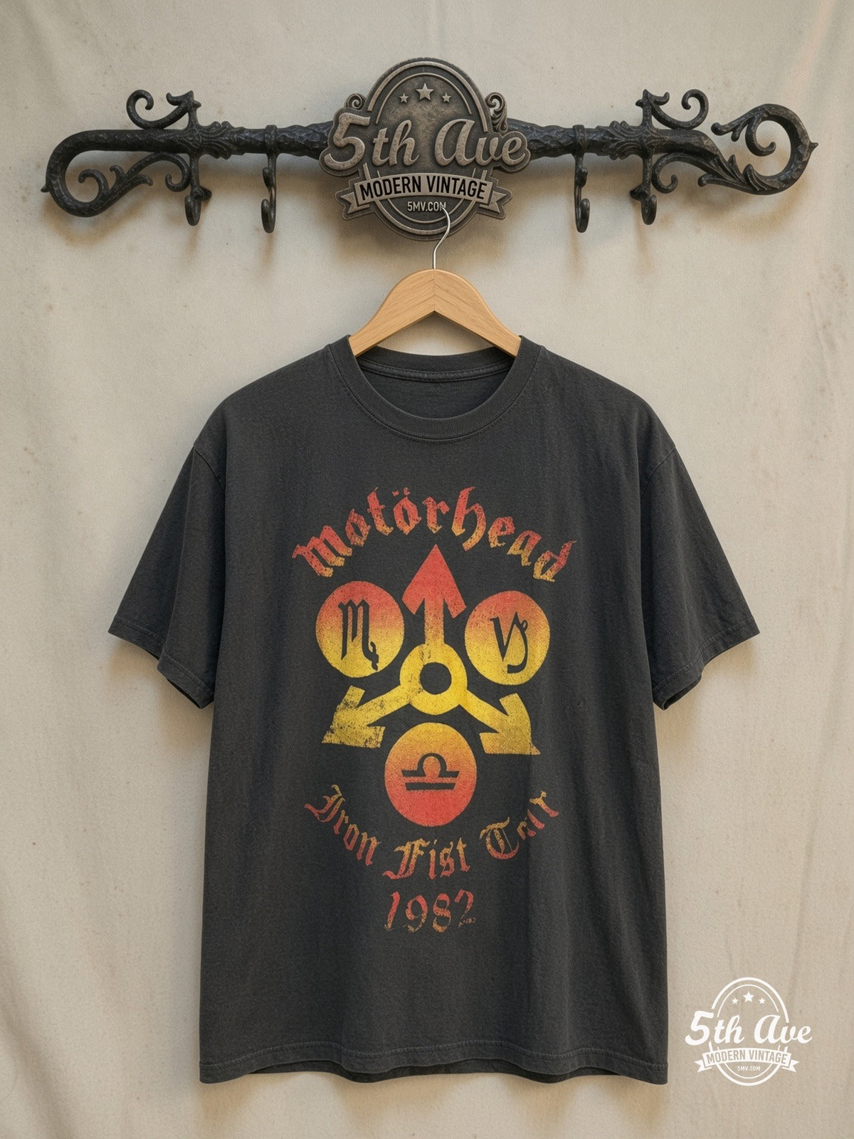 Motörhead – Iron Fist Tour 1982 – Vintage Band T-Shirt — front on locked cream ornate 5th Ave rack