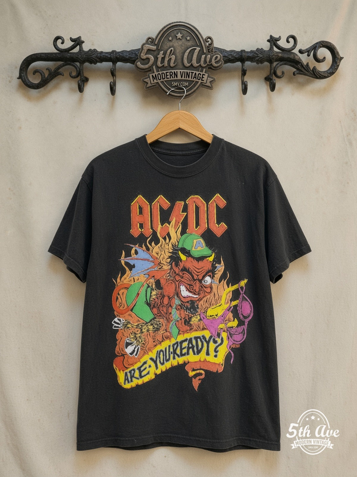AC/DC – Are You Ready? European Tour – Vintage Band T-Shirt — front on locked cream ornate 5th Ave rack