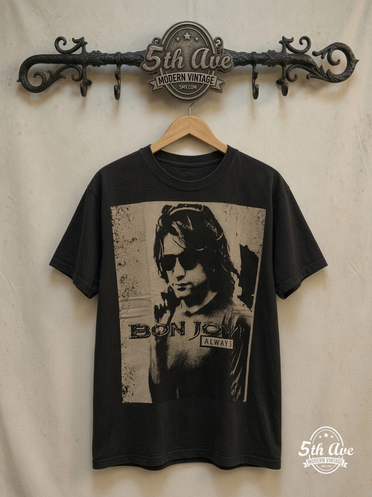Bon Jovi – Texas Groove – Vintage Band T-Shirt — front on locked cream ornate 5th Ave rack