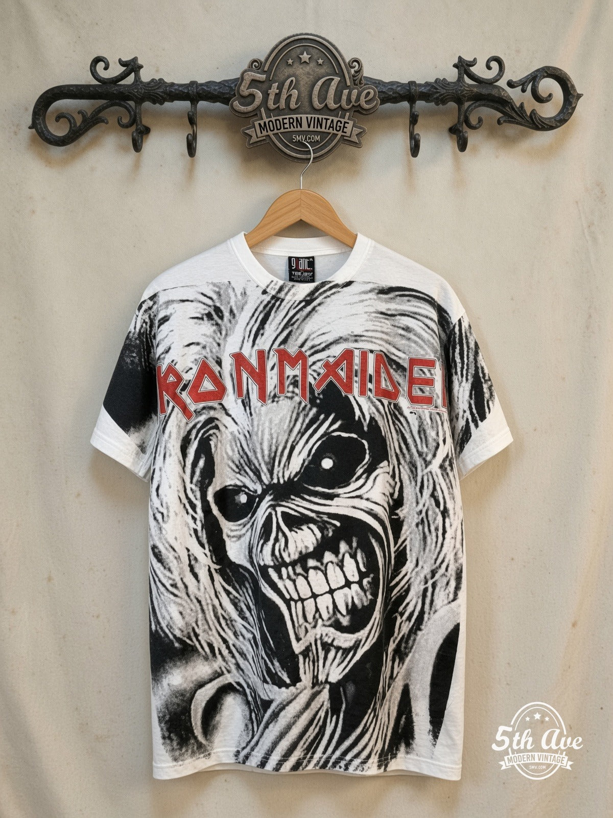 Iron Maiden – Killers – All Over Print – Vintage Band T-Shirt — front on locked cream ornate 5th Ave rack