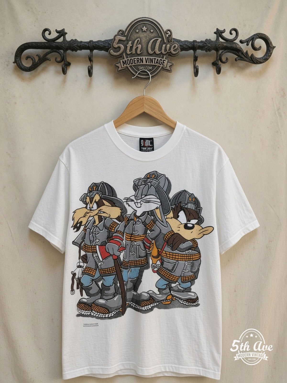 Looney Tunes – Bugs Bunny, Taz-Mania and Ralph Wolf – New Vintage Graphic Tee — front on locked cream ornate 5th Ave rack