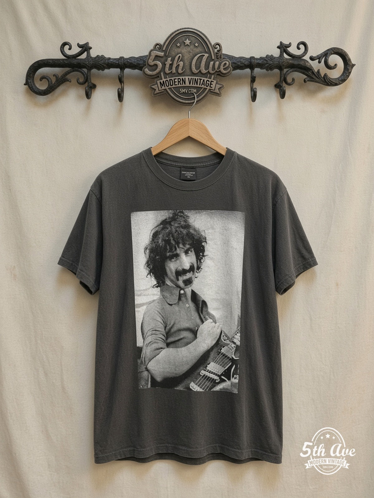 Frank Zappa – Playing Guitar B&W Photo – Vintage Band T-Shirt — front on locked cream ornate 5th Ave rack