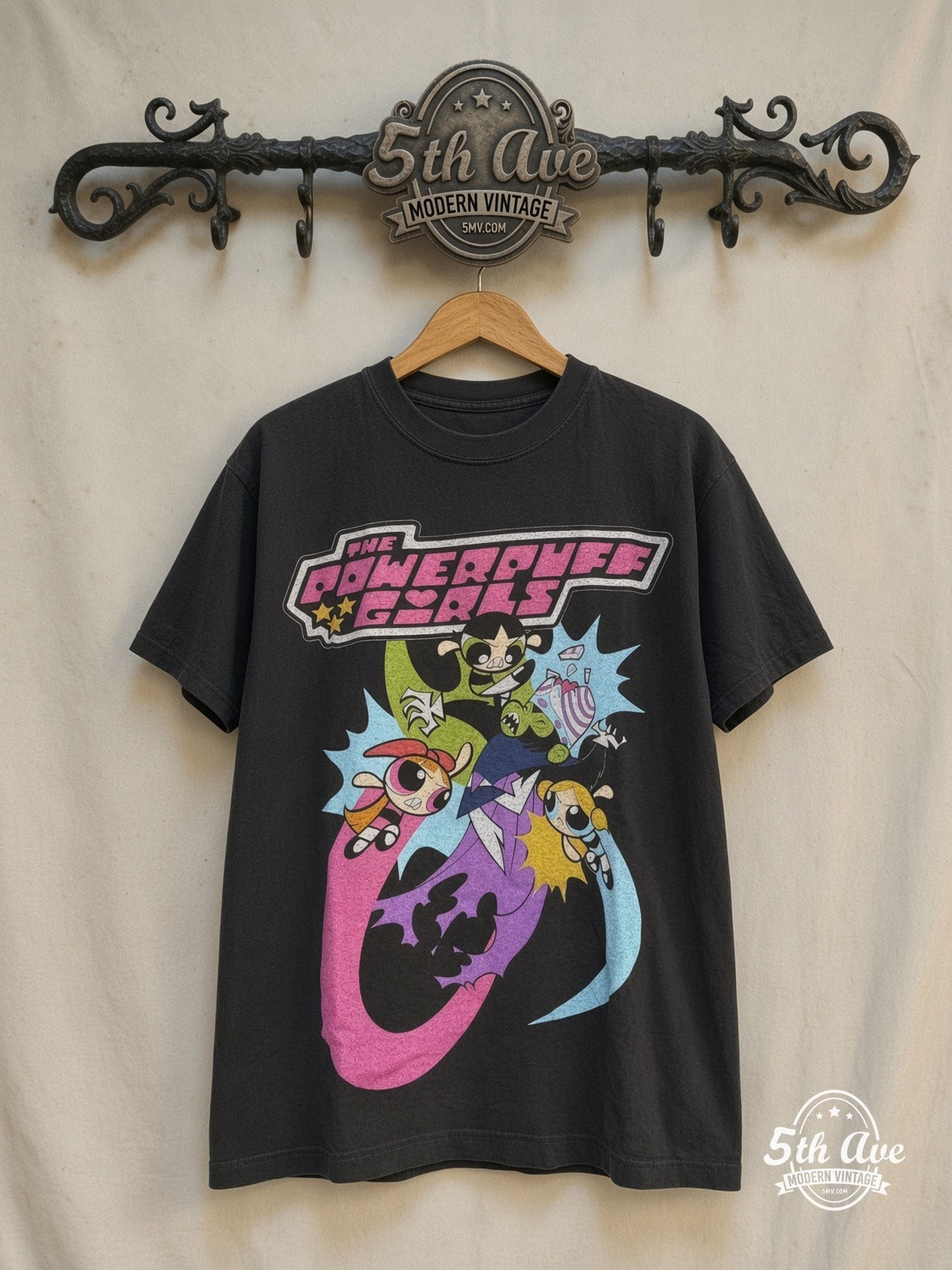 The Powerpuff Girls – Vs. Mojo Jojo – New Vintage Graphic Tee — front on locked cream ornate 5th Ave rack